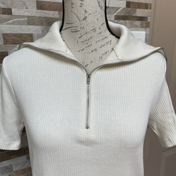 Zara mini t-shirt dress high collar rib knit ivory cream new casual Sz S - Picture 6 of 12